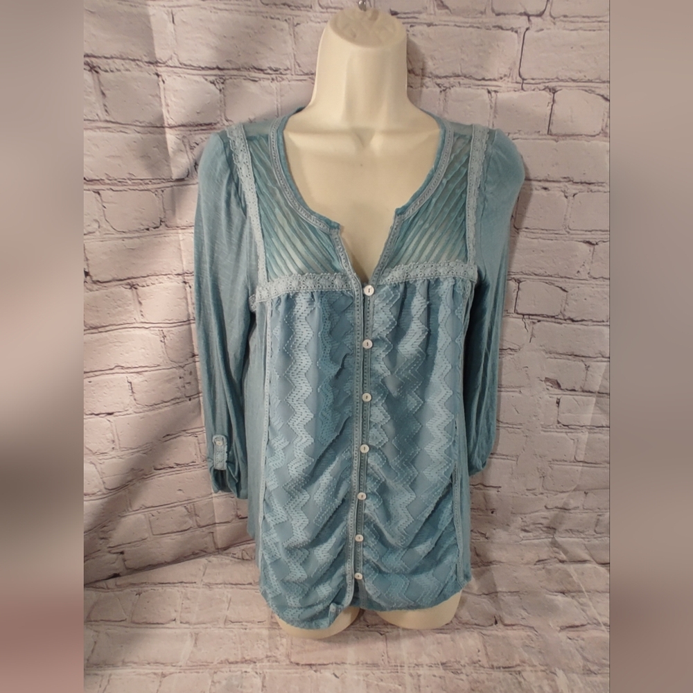 Meadow Rue Anthropologie Teal Sheer Textured Lightweight Blouse M